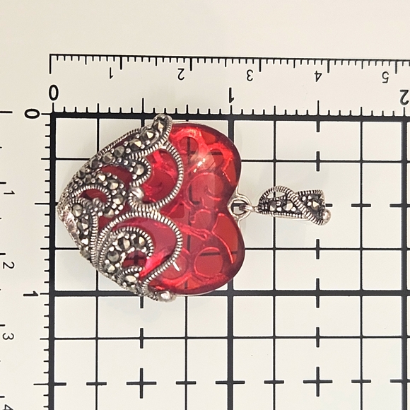 Ross Simons Vintage Sterling Silver 80s Marcasite & Red Glass Heart Pendant - Picture 6 of 8